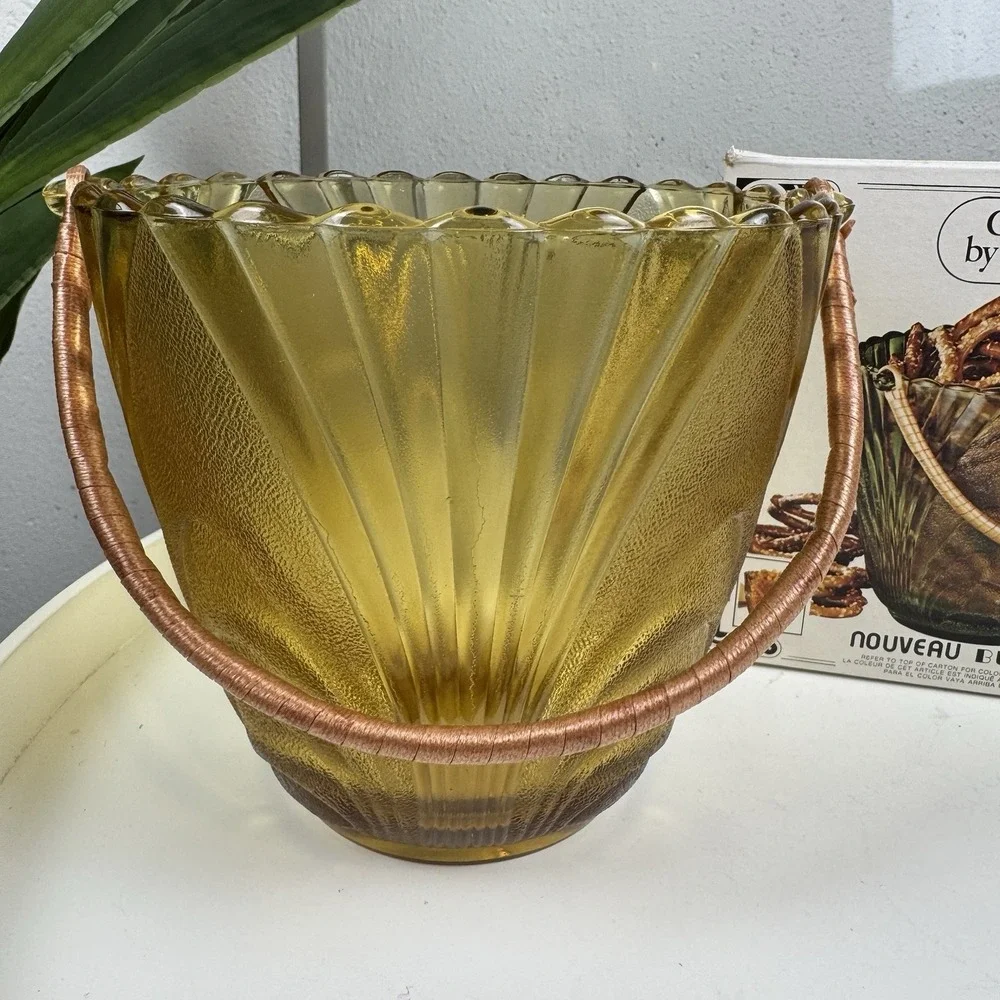 Vintage MCM Glassware by Brockway Crystal Nouveau Bucket Rattan Handle NEW